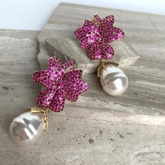 NEW ~ Anthropologie Made by Maddie Pink Travona Floral Pave Crystal & Pearl E… - Picture 6 of 16